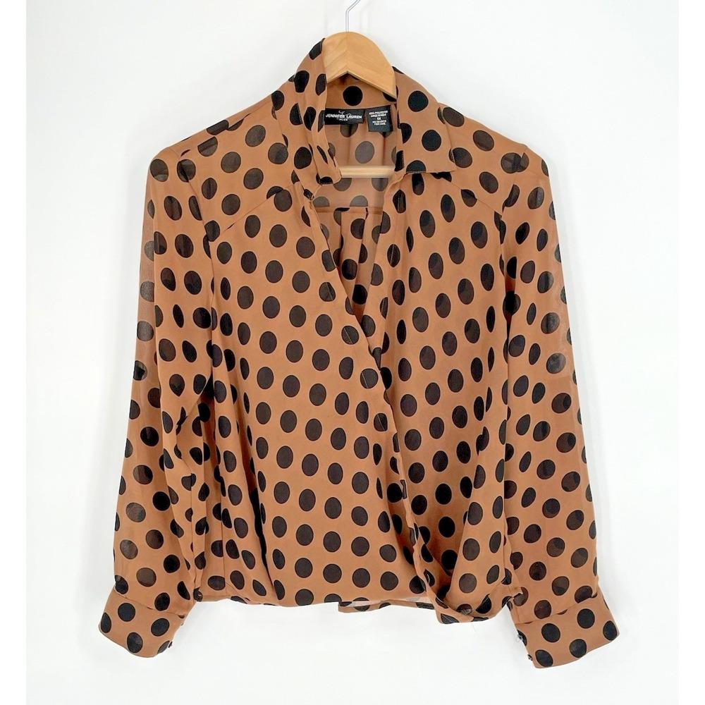 Jennifer Lauren Womens Plus Size 1X Blouse Wrap Brown Black Polks Dot